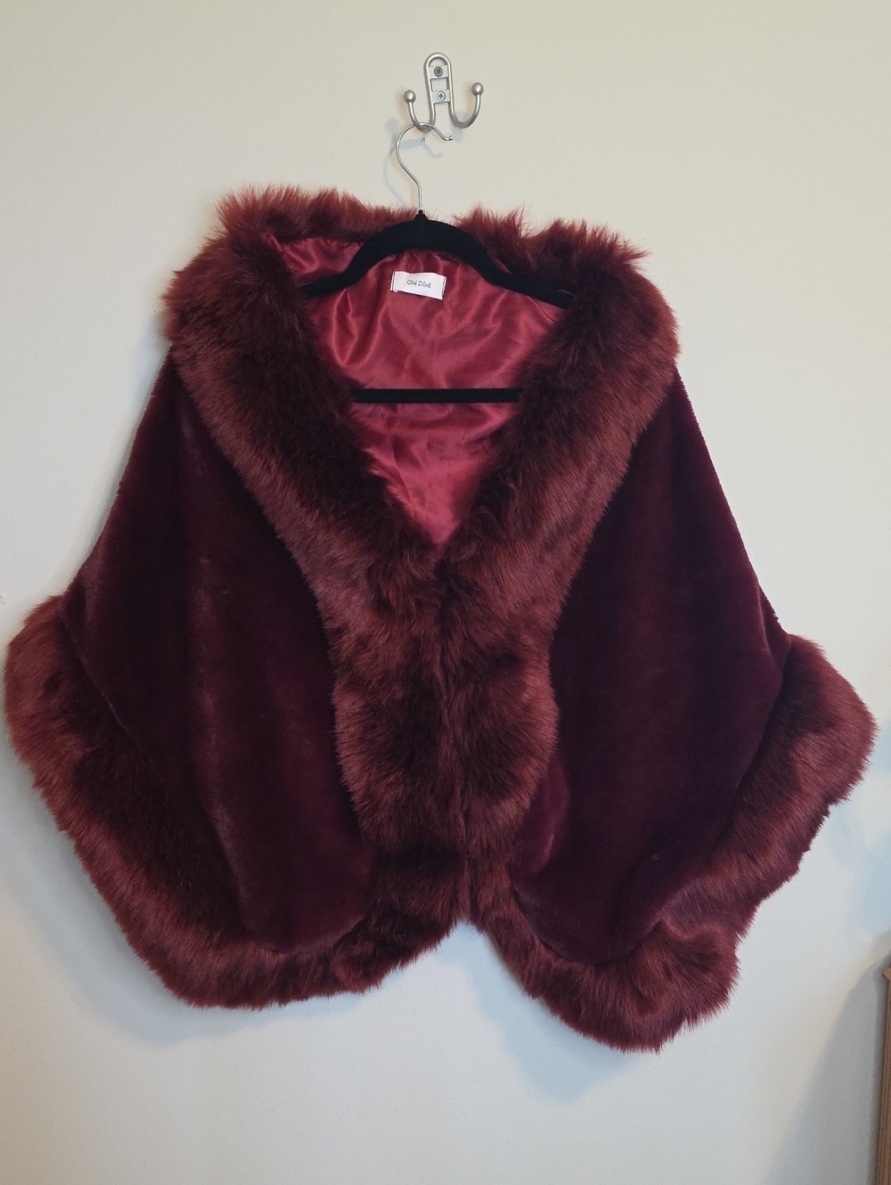 Plush Burgundy Faux Fur Cape with Satin Lining